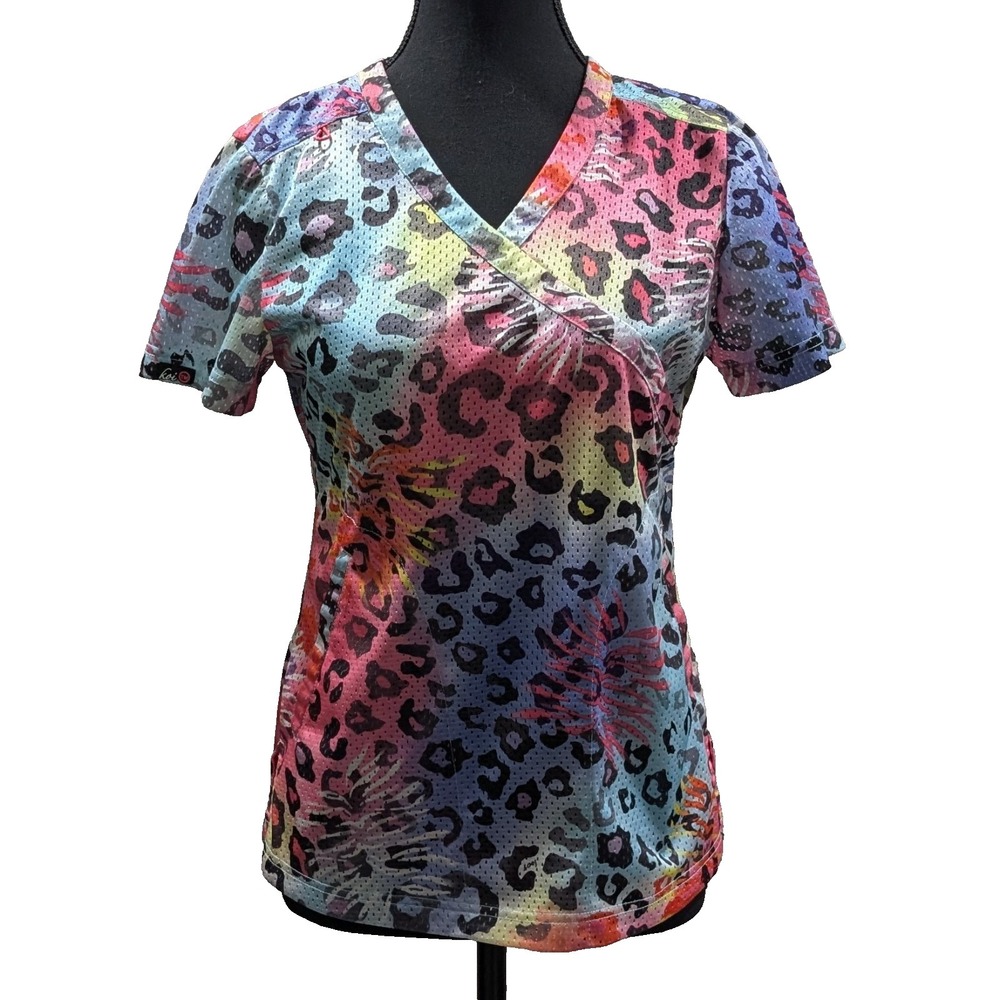 Koi Lite Leopard Print Scrub Top • Neon Multi-Color Mock Wrap • Women's XS